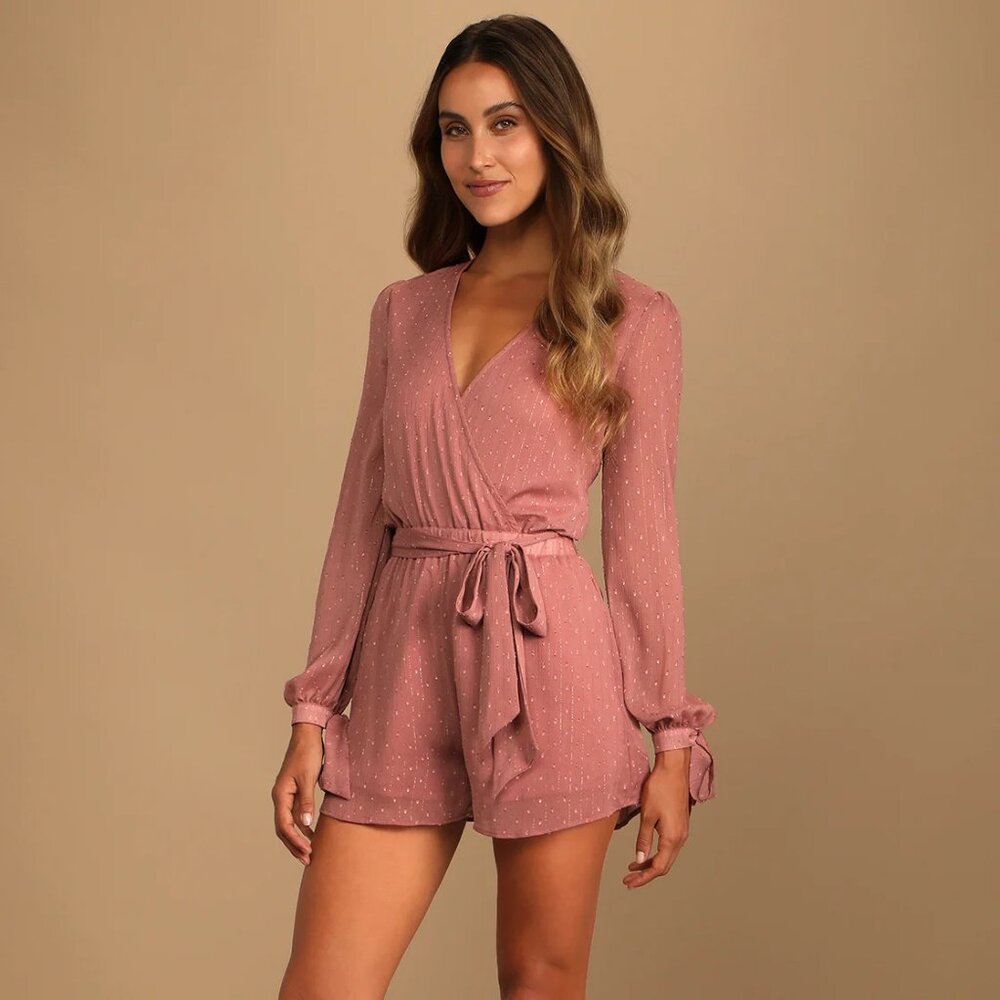 Lulu's Closer Look Dusty Rose Swiss Dot Tie-Sleeve Romper